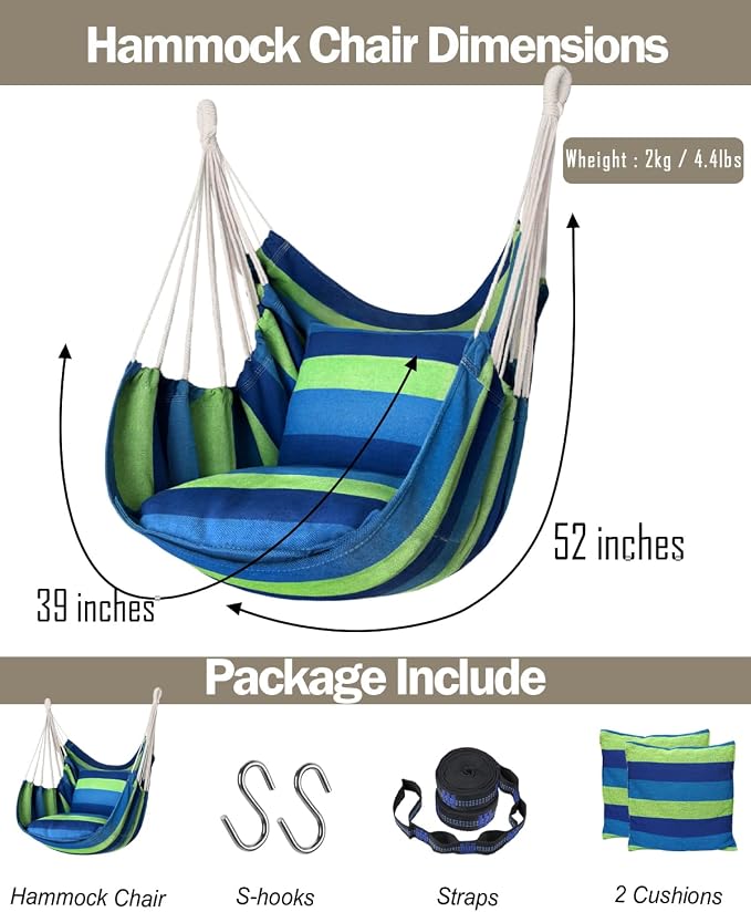 Halalona Hammock Chair Hanging Hammock Chair Rope Swing 2 Cushions - Image 6