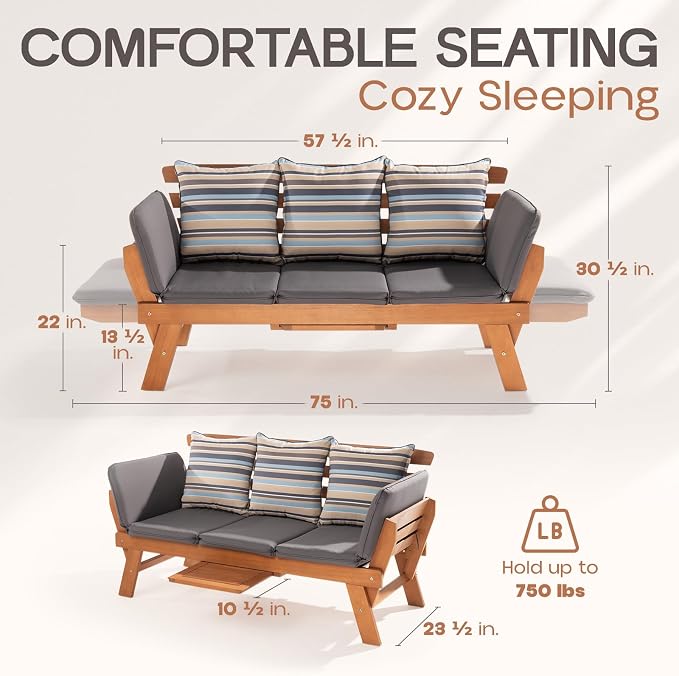 IDZO Amelie Eucalyptus Convertible Outdoor Sofa, 750lbs Capacity Patio Couch - Image 2