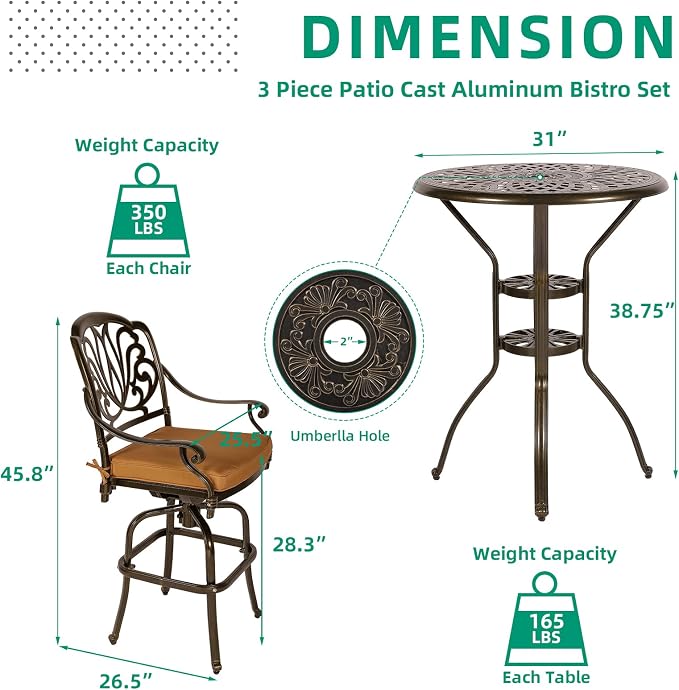 VIVIJASON 3-Piece Patio Swivel Bar Stools Set, All Weather Cast Aluminum - Image 5