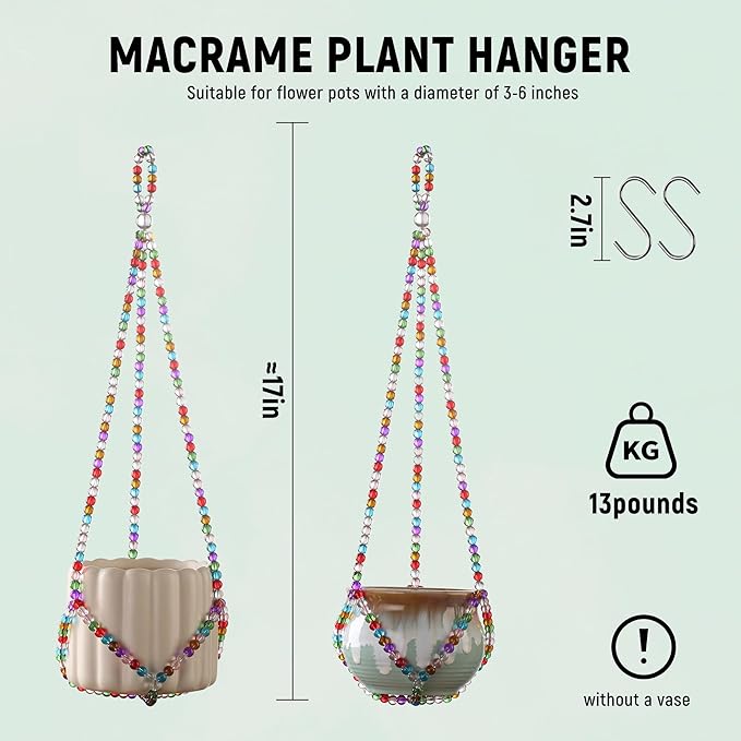 17''，2 Pack Macrame Plant Hanger, Handmade Glass Bead Plant Hanger Colorful - Image 2