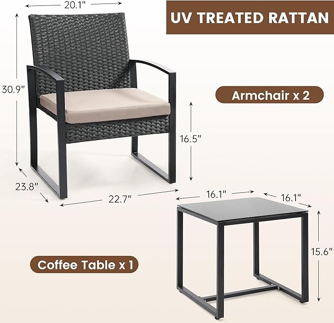3 Piece Wicker Patio Bistro Set, Rattan Conversation Set - Image 6