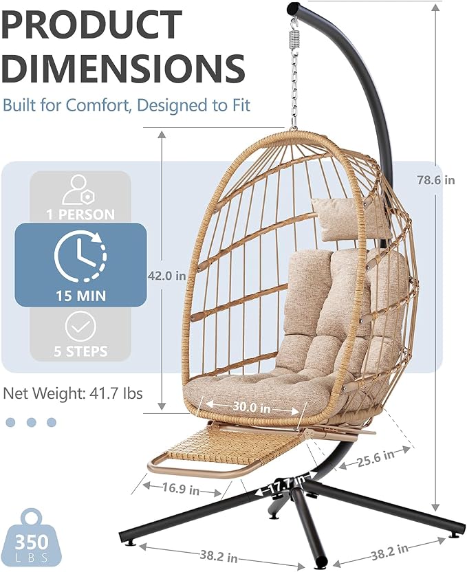 SWITTE Egg Chair Outdoor with Footrest & Stand, Indoor Wicker Hanging Egg Swing - Image 3