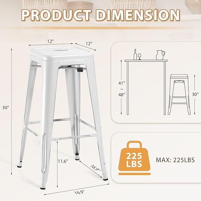 Furmax 30 Inch Metal Bar Stools Set of 4, Counter Height Backless Stools - Image 3