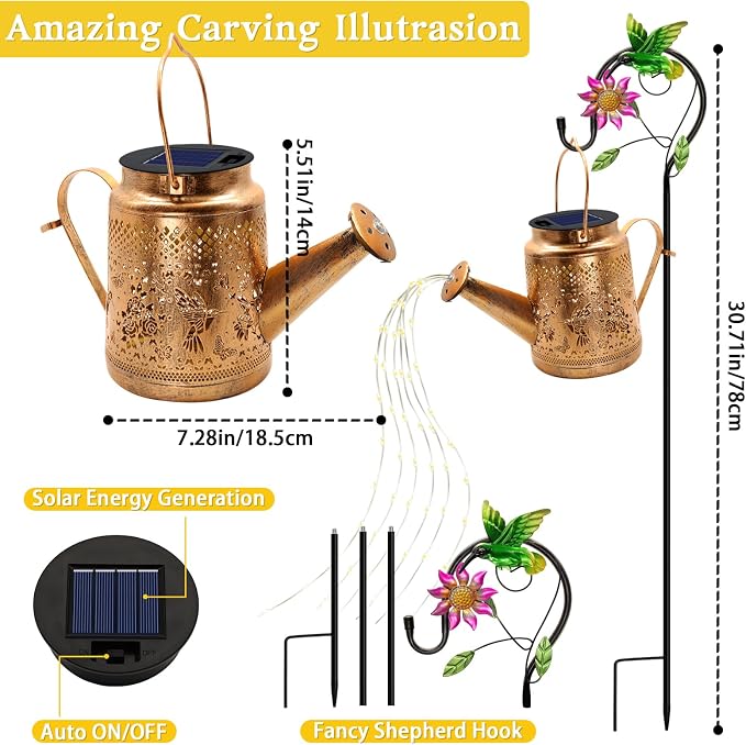Solar Lanterns Outdoor Waterproof, Hummingbird Watering Can Garden Decor - Image 3