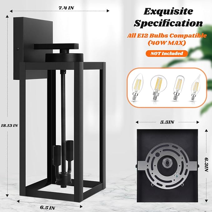 2-Pack 18inch Outdoor Light Fixtures, Waterproof Black Outside Wall Lanterns - Image 6