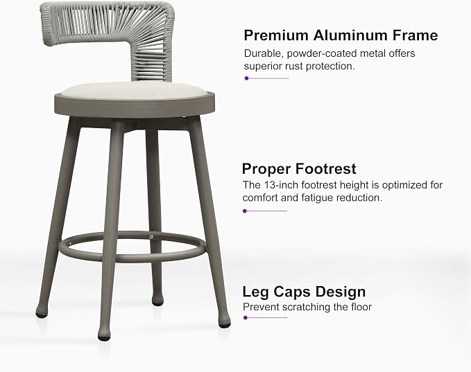 PURPLE LEAF Outdoor Swivel Counter Height Bar Stools Set of 2 Metal Modern - Image 5