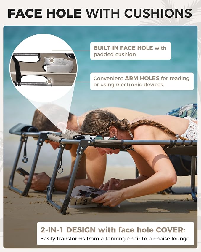KingCamp Tanning Chair with Face Hole, Lounge Chairs Outdoor Folding Comfy - Image 4