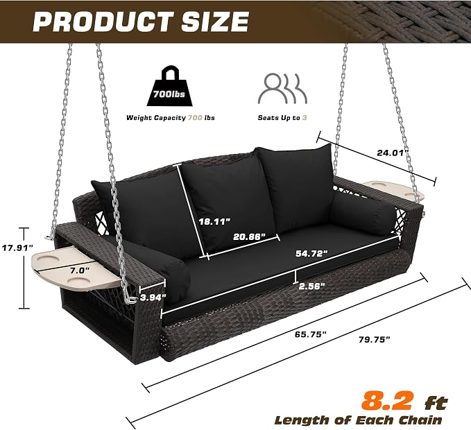 Grepatio 3 Person Porch Swing Patio Wicker Hanging Porch Swing Chair Outdoor - Image 7