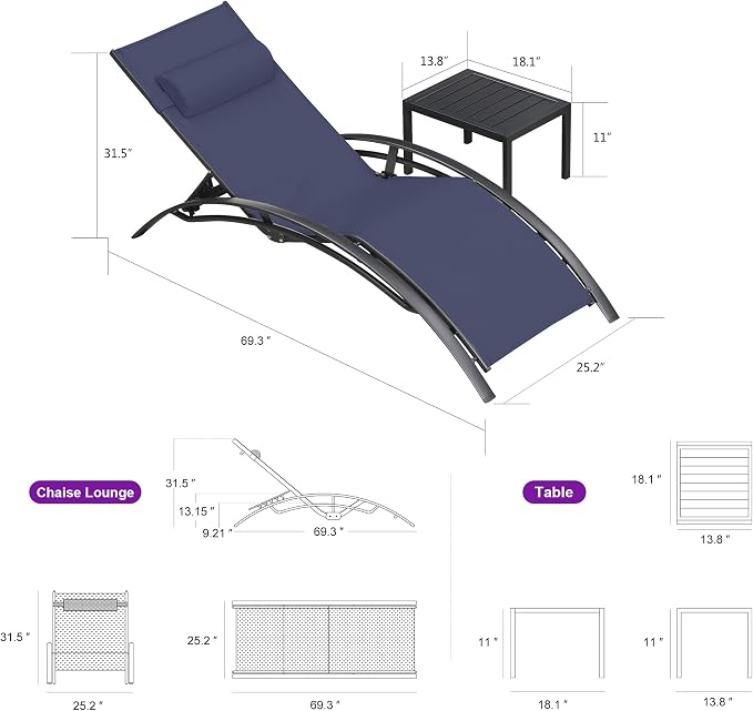 PURPLE LEAF Patio Chaise Lounge Set Outdoor Beach Pool Sunbathing Lawn Lounger - Image 2