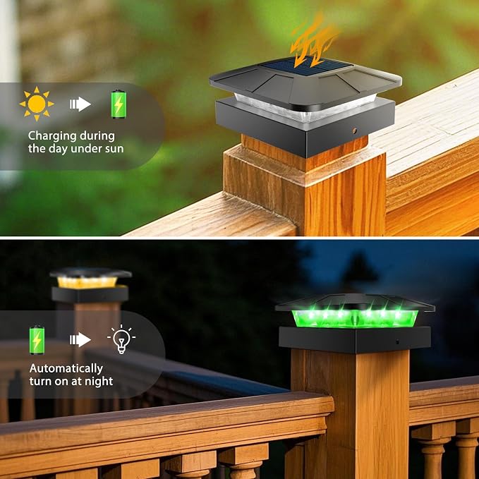 Peasur 4x4 Solar Post Lights Outdoor, 4 Packs Green & Warm White LED Fence Caps - Image 5