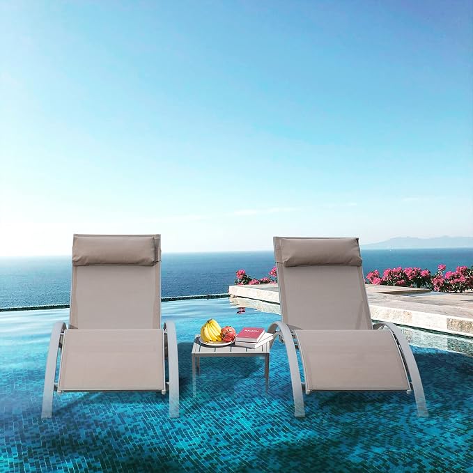 Domi Pool Lounge Chairs Set of 3, Adjustable Aluminum Outdoor Chaise Lounge - Image 3