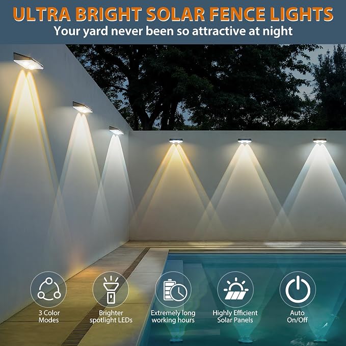 Solar Fence Lights Outdoor-3000/4000/6000K 3 Mode, IP65 Waterproof Solar - Image 8