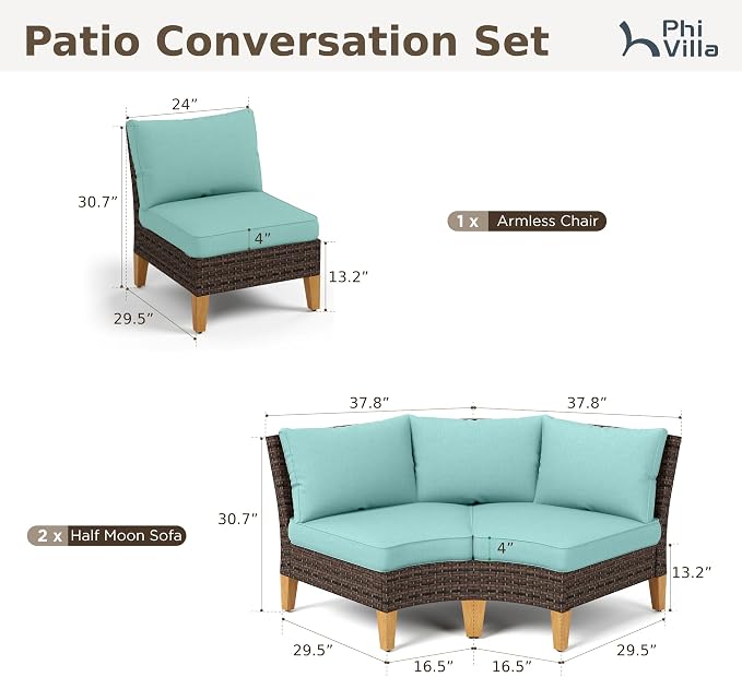 PHI VILLA 3-Piece Half-Moon Patio Furniture Set, Outdoor Curved Sectional Sofa - Image 2