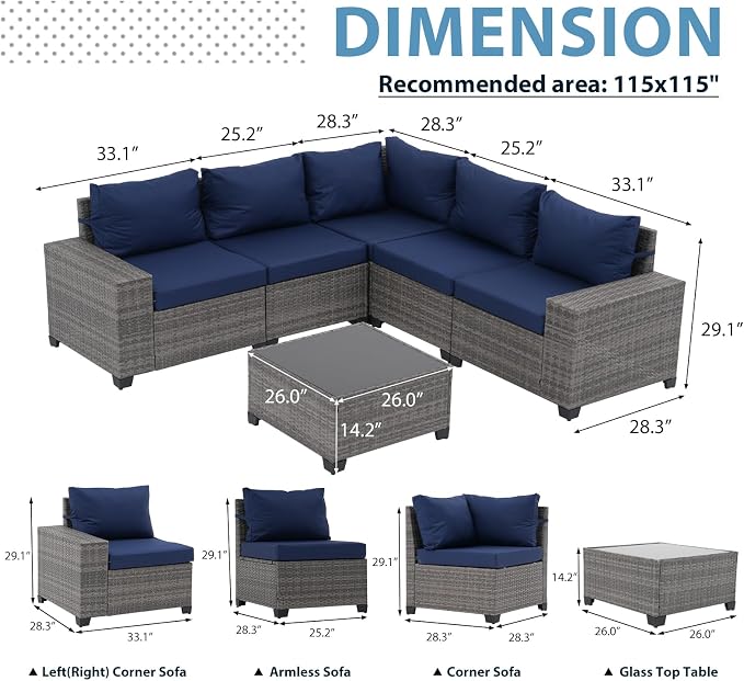 JOIVI 6 Pieces Outdoor Patio Furniture Set, Rattan Patio Sectional Sofa - Image 6