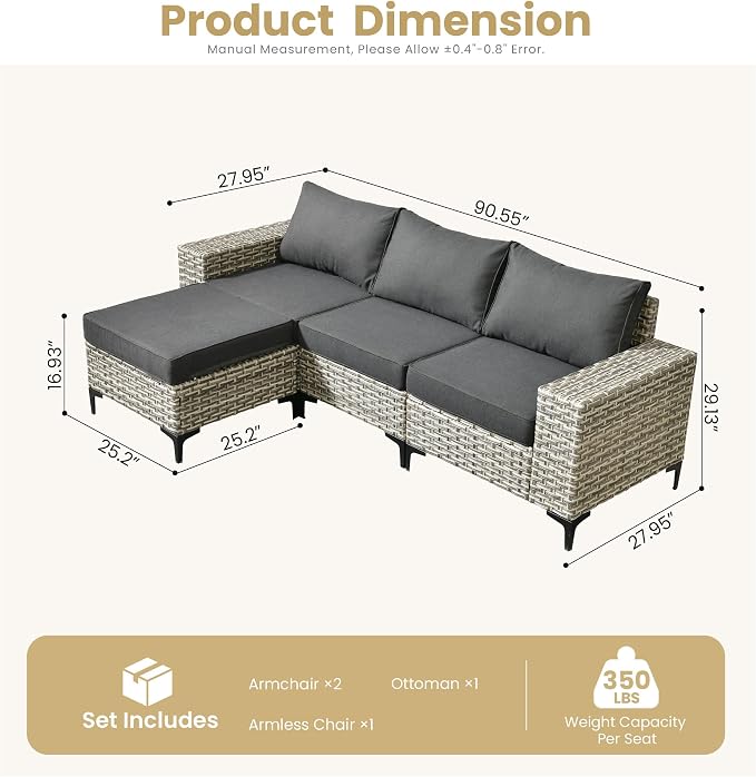 HOOOWOOO Outdoor Sectional Furniture Set, 4 Pieces Wicker Patio Conversation - Image 6