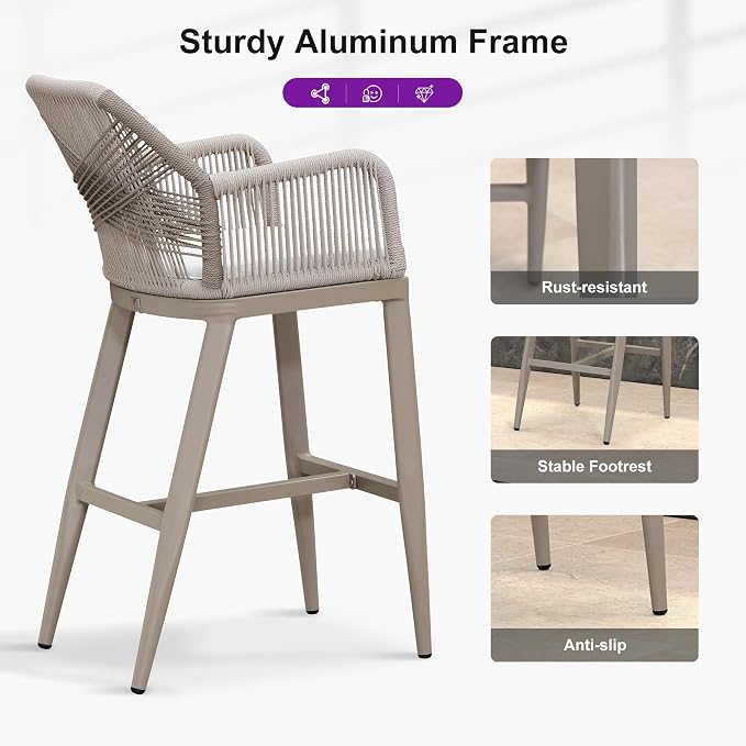 PURPLE LEAF Patio Bar Height Stool 28" H Boho 1 Piece Rattan Aluminum Tall Bar - Image 6