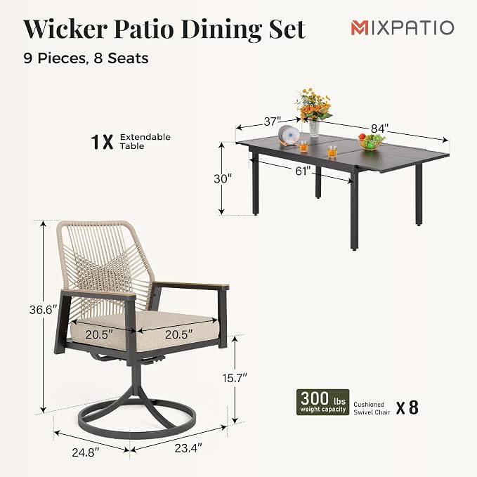 9 Pieces Outdoor Patio Dining Set, Wicker Patio Table and Chairs Set of 8 - Image 6