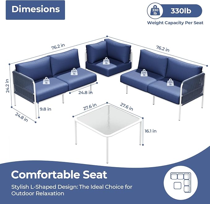 Patio Furniture Set, 6 Pieces Outdoor Couch Sectional, L Shaped Patio Set - Image 3