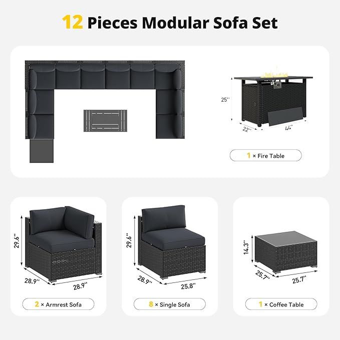 Aoxun Patio Furniture Set with Fire Pit Table, 12 Piece Outdoor Sectional Sofas - Image 7