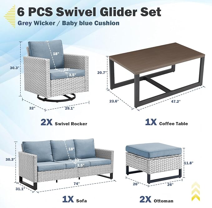 Belord 6 Piece Outdoor Furniture Patio Wicker Sofa Set, Oversize Outdoor Swivel - Image 2