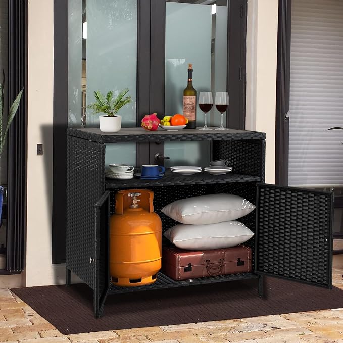 IDEALHOUSE Patio Outdoor Wicker Storage Cabinet，Patio Bar Table - Image 5