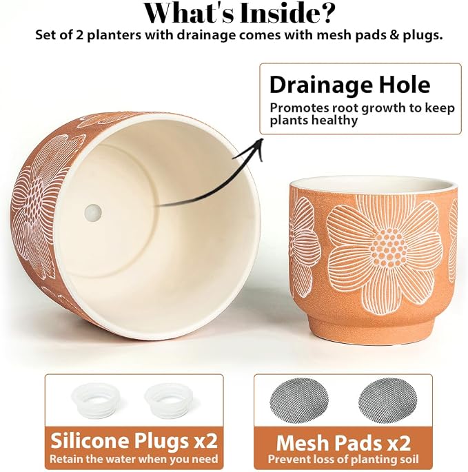 YBX 8 Inch + 6 Inch White Flower Pattern Plant Pots, Sand Glazed Ceramic Planter - Image 5