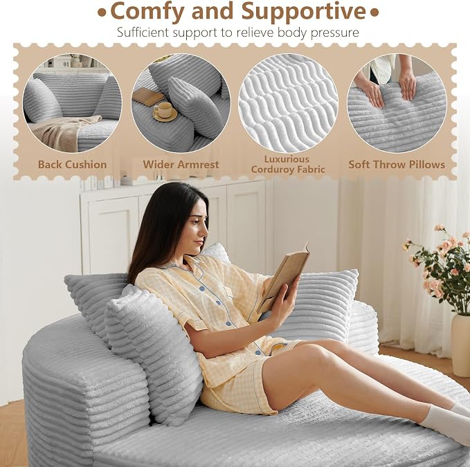 Oversized Round Chair Lounge Chaise Indoor, Upholstered Corduroy Deep Seat - Image 8