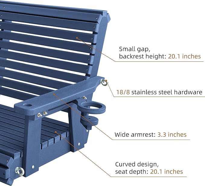 HDPE Porch Swing with 18/8 Stainless Steel Bolts, Ergonomic Design, Ultra - Image 4