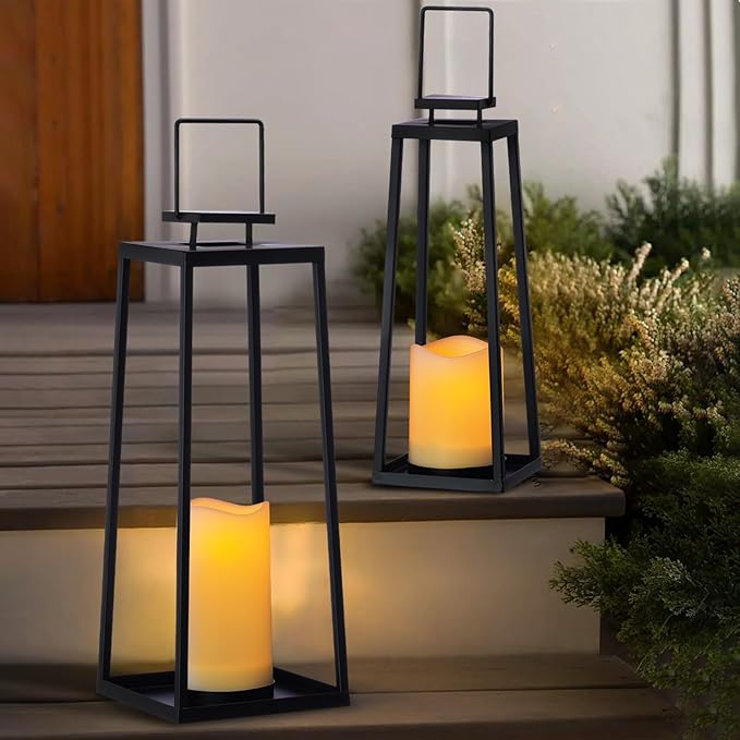 Solar Lantern Decorative Outdoor Set of 2 Modern Black Metal Lanterns - Image 2