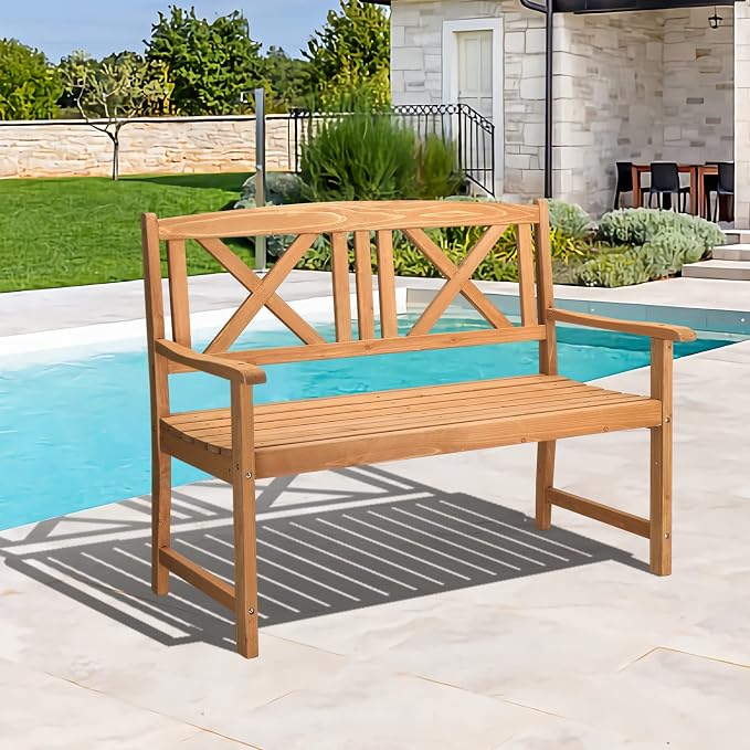 Outvita Wooden Garden Bench, Outdoor Wood Patio Bench, Rustic 2-Person Loveseat - Image 2