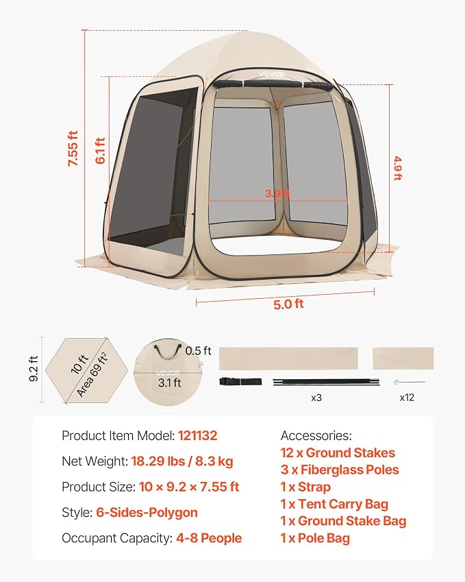 VEVOR 10 x 9.2 ft Pop-Up Screen House Tent, 4–8 Person Portable Screen Gazebo - Image 7
