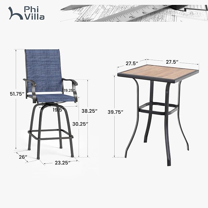 PHI VILLA 3Pcs Outdoor Swivel Bar Stools Set, Bar Height Patio Table and Chairs - Image 2