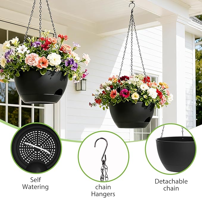 8 Inch Hanging Planters for Indoor Outdoor Plants, 4 Pack Black Plastic Self - Image 3