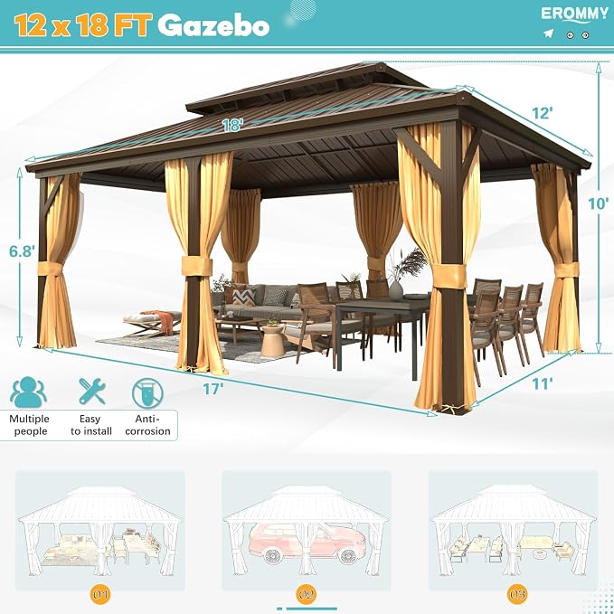 EROMMY 12' x 18' Hardtop Gazebo, Aluminum Frame Gazebos - Image 2