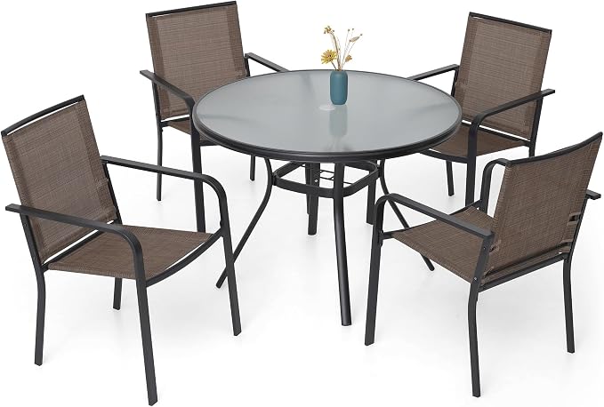 5-Piece Outdoor Dining Set, 40-Inch Round Glass Table by Anmutig