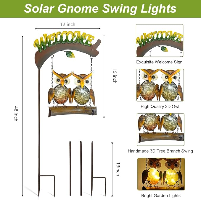 HONGLAND Solar Lights Outdoor Decor, Owl Swing Garden Decor, Owl Gifts - Image 4
