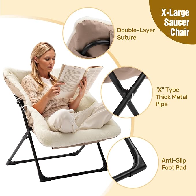 HollyHOME X-Large Saucer Chair, Comfy Oversized Folding Chair, Faux-Fur Reading - Image 5