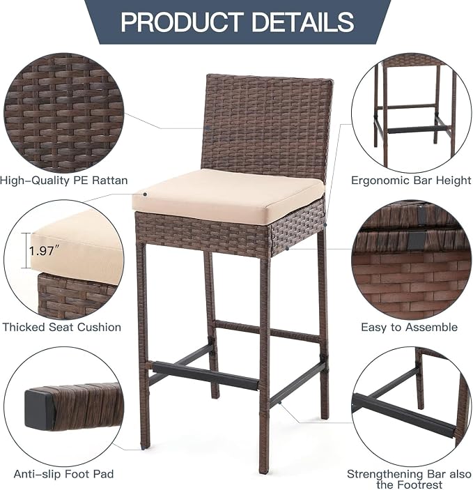 ECOTOUGE Patio Bar Stools Set of 2, Wicker Barstools - Image 4