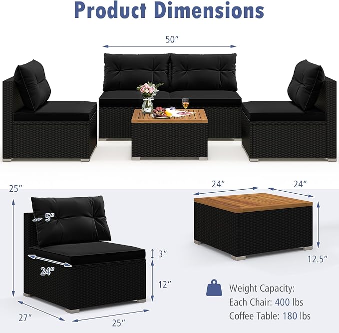 Tangkula 5 Piece Rattan Sofa Set, Outdoor Wicker Furniture Set w/Seat & Back - Image 6