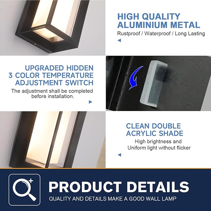 2 Pack Outdoor Wall Lights Exterior/Interior LED 24W Adjustable 3-Color 2100LM - Image 7