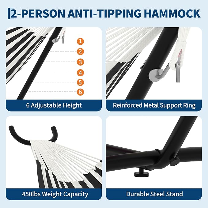 Double Hammocks with Stand for Outside, Portable Space Saving Heavy-Duty Steel - Image 4