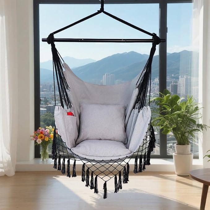 Hammock Chair Hanging Rope Swing Chair, Max 450 Lbs, Large Hanging Chair - Image 7