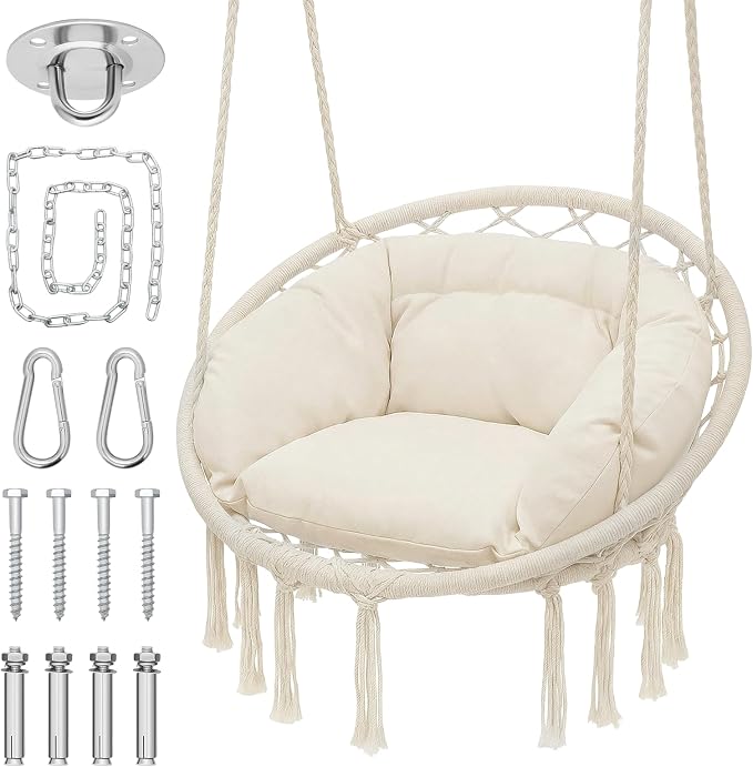 Monibloom Hanging Hammock Chair w/Large Comfy Cushion, Macrame Swing Chair by Monibloom
