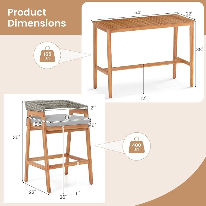 Tangkula 5 Piece Patio Bar Set, Outdoor Acacia Wood Counter Height Table - Image 9
