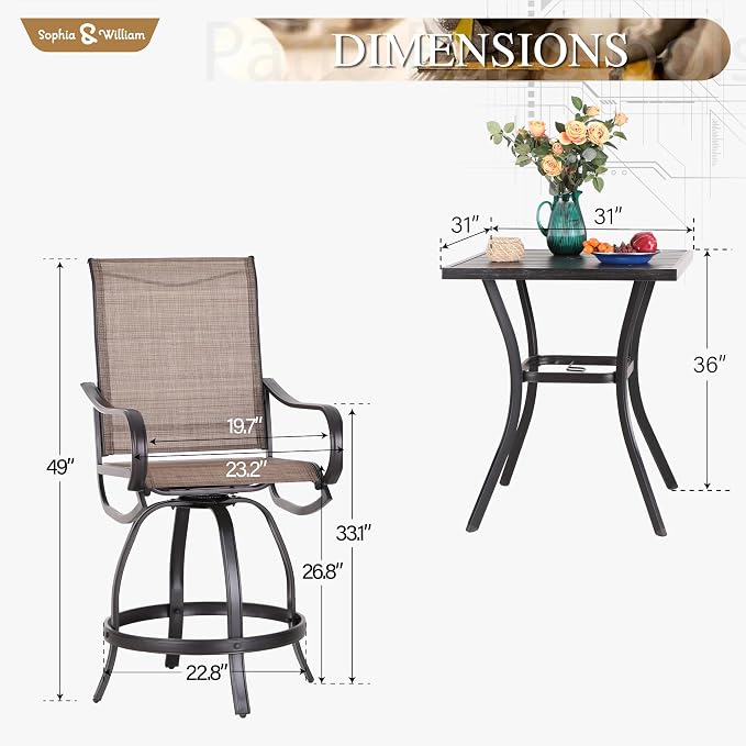 Sophia & William Outdoor Bar Set, Patio Bar Table and Chairs Set, Counter - Image 7