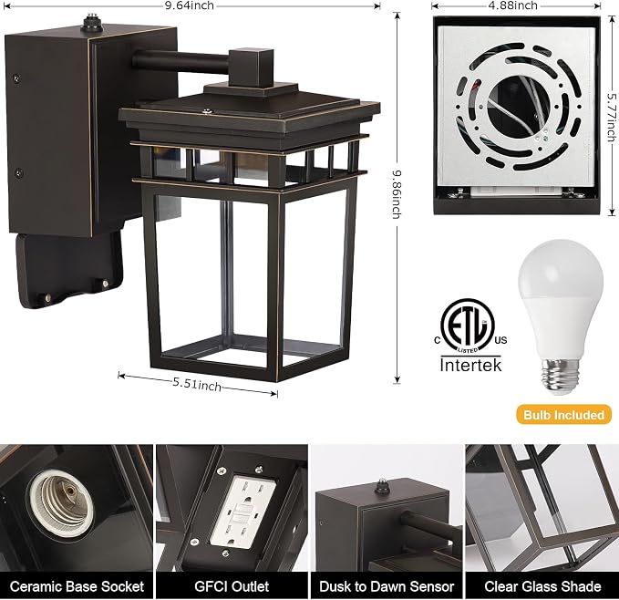 Porch Light with GFCI Outlet Built in, Dusk to Dawn Outdoor Lighting with Outlet - Image 2