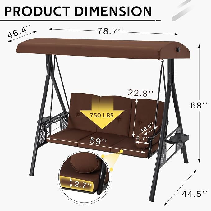 U-MAX 3-Seat Porch Swing Chair Steel Frame, Patio Swing Chair - Image 5