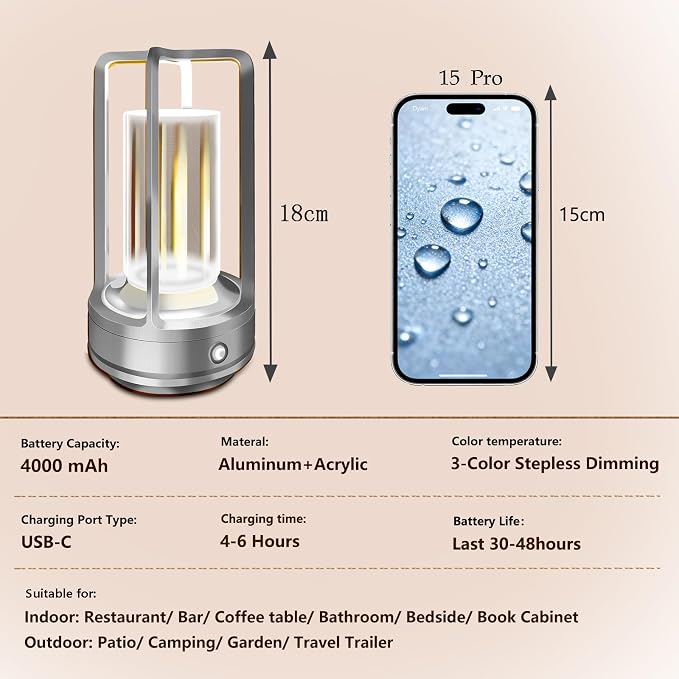 Portable Metal Table Lamp for Outdoor/ Indoor, 4000 mAh Rechargeable Cordless - Image 5