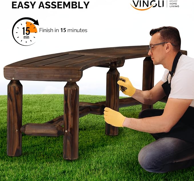 VINGLI Outdoor Bench Wooden Curved Bench, All-Weather Fire Pit Backless Patio - Image 6