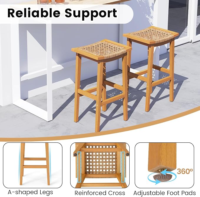 Giantex Outdoor Wooden Bar Stools Set of 4, Solid Acacia Wood Bar Height Stools - Image 5
